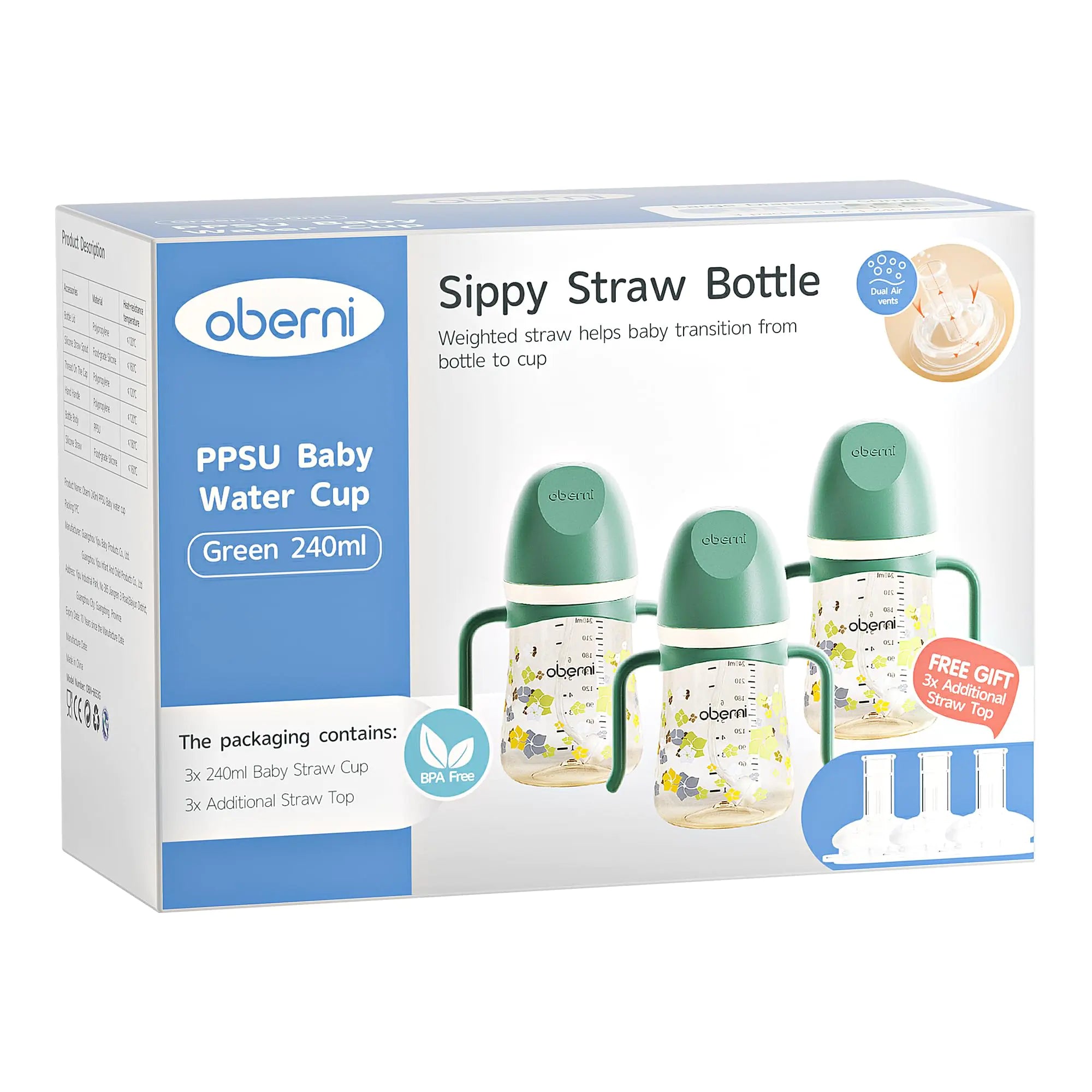 Oberni PPSU No-Spill Straw Toddler Bottle 3-Pack (Green, 8 Oz)
