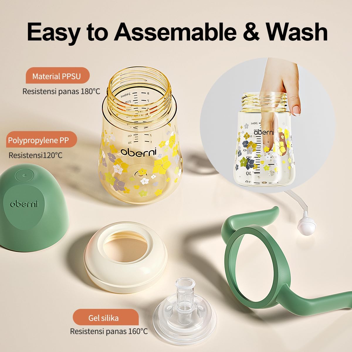 Oberni PPSU No-Spill Straw Toddler Bottle 3-Pack (Green, 8 Oz)